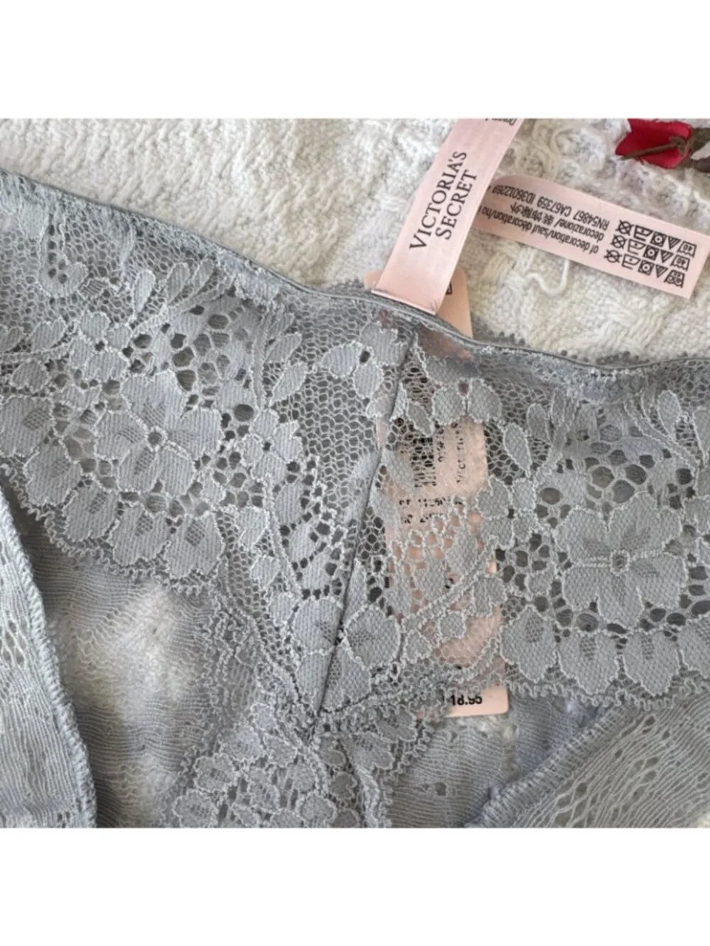 VICTORIA'S SECRET L DREAM ANGELS BLUE GRAY LACE WIDE STRING THONG PANTIES NWT